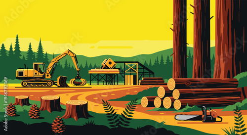 In a pixel art style, a yellow excavator works at a logging site in a forest, stacking logs near a sawmill, with tree stumps and a chainsaw visible in the foreground under a yellow sky.