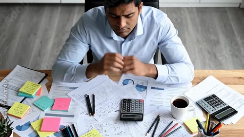 Overwhelmed young businessman feeling stressed and frustrated by a heavy workload, sitting at a messy desk with paperwork and charts, suffering from professional burnout and anxiety