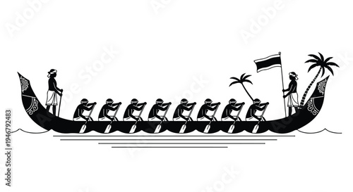 Black and white illustration of a traditional boat with people rowing and sailing near palm trees on a simple background.