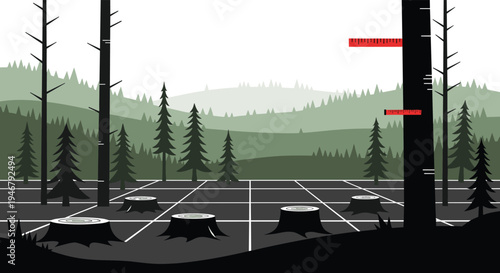 A graphic illustration depicts a deforested area with a grid pattern on the ground and numerous tree stumps, while red rulers measure a remaining tree against a backdrop of misty green hills.