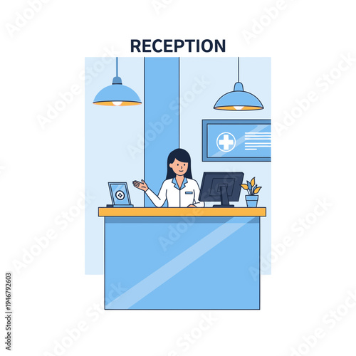 Medical Receptionist Welcoming Patients at Desk in Modern Healthcare Facility