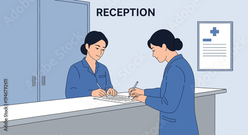 Medical Receptionist Working And Processing Documentation At The Front Desk of A Clinic or Hospital