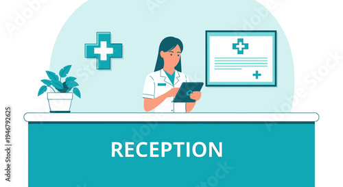 Medical Receptionist Working At Hospital Desk Using Tablet In a Clinical Environment Setting