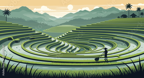 A serene pixel art landscape shows a farmer working in vast, curved rice terraces that cascade down a valley, with misty mountains and palm trees under a setting sun.