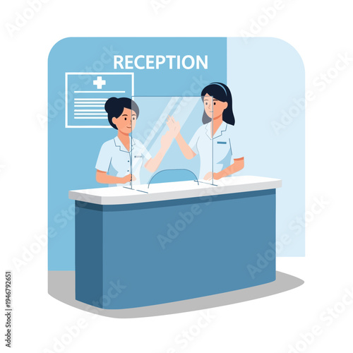 Medical Receptionists Assisting Patients Behind Barrier In Modern Healthcare Facility Environment