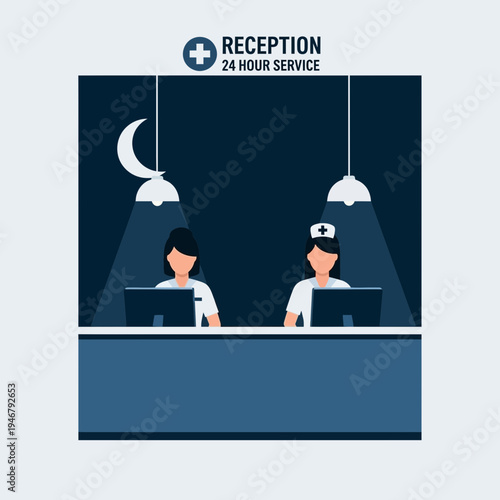 Medical Receptionists Assisting Patients During Nighttime Hours with Modern Technologies and