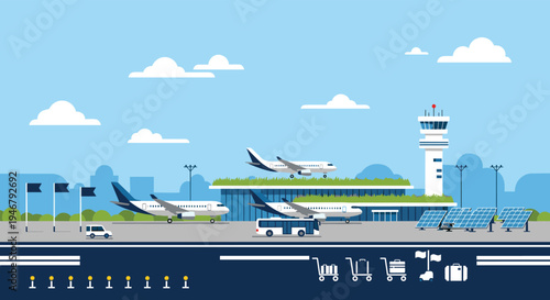 A modern airport is depicted in a pixel art style, featuring airplanes on the tarmac, a terminal with a green roof, a control tower, and solar panels providing renewable energy.