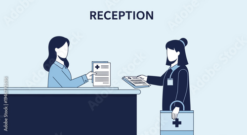 Medical Receptionists Exchanging Files at Front Desk for Patient Interaction and Healthcare