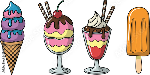 Colorful cartoon ice cream desserts collection featuring waffle cone, sundae glass, creamy milkshake and popsicle, sweet summer treats illustration isolated for menu design
