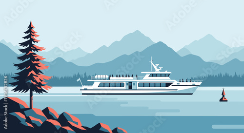 A flat vector illustration of a passenger ferry cruising on a tranquil lake with a pine tree on the shore and mountains in the background.