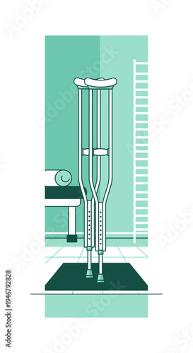 Medical Rehabilitation: Crutches Standing In Modern Examination Room For Patient Care And Recovery