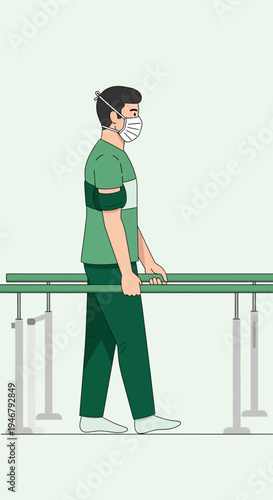 Medical Rehabilitation Illustration Featuring a Patient Utilizing Parallel Bars During Recovery