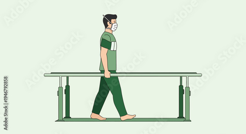 Medical Rehabilitation Treatment Using Parallel Bars And Protective Mask Is Shown