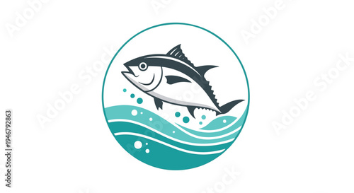 Illustration of a tuna fish jumping out of turquoise waves in a circular frame with a white background.