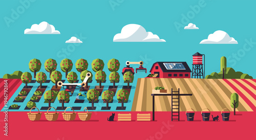 A vector illustration of a smart farm using robotic arms to harvest apples in an orchard with a solar-powered barn in the background.
