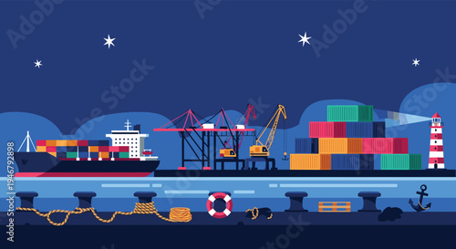 A flat vector illustration of a container ship being loaded by cranes at a bustling seaport at night under a starry sky.