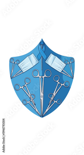 Medical Safeguard Concept: Surgical Instruments, Protective Mask, and Ribbon in a Blue Shield