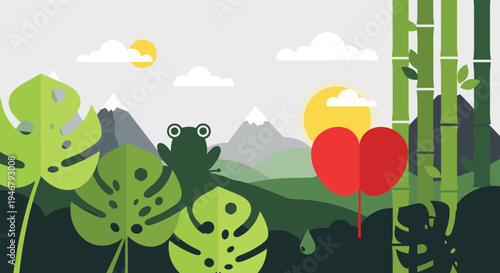 A silhouetted frog peeks from behind large monstera leaves in a dense jungle with bamboo stalks and distant mountains under two suns.