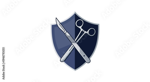 Medical Shield: Surgical Tools Icon Featuring Scalpel And Forceps, Professional Design