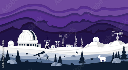 An astronomical observatory sits on a snowy mountain under a purple night sky, with a telescope and a goat in the foreground.