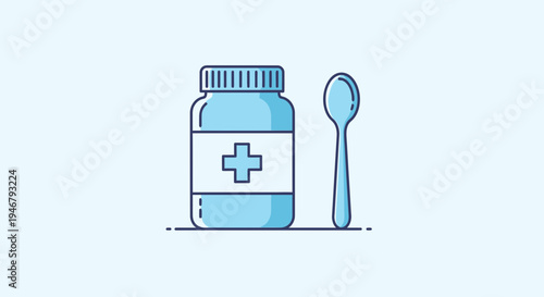 Medical Supplies: A Simple Illustration Of Pill Bottle And Spoon In Blue Tones