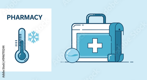 Medical Supplies And Cold Medicine: Pharmacy Illustration With Healthcare Elements