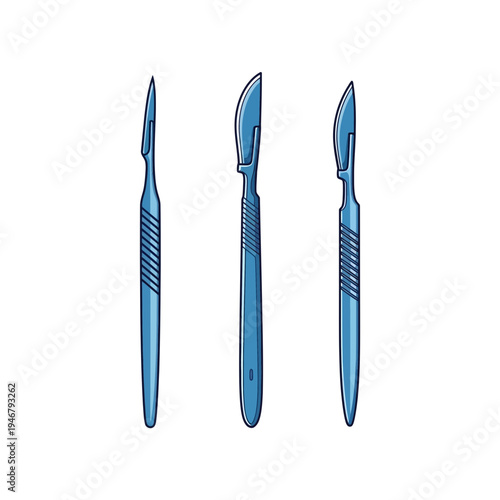 Medical Scalpels: Surgical Instruments Depicted in Detailed Vector Illustration on White Background
