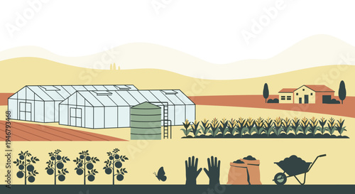 A rural farm landscape features large greenhouses, a water silo, and fields of corn and tomatoes under a clear, pale sky.