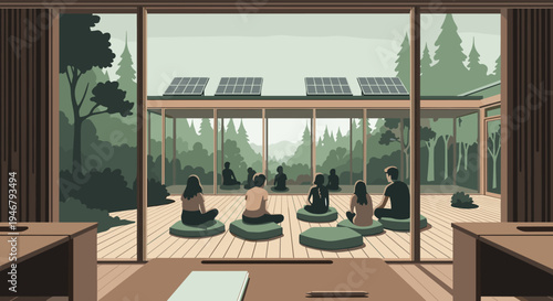 A group of people participates in a meditation class in a modern building with glass walls and solar panels, surrounded by a tranquil forest.