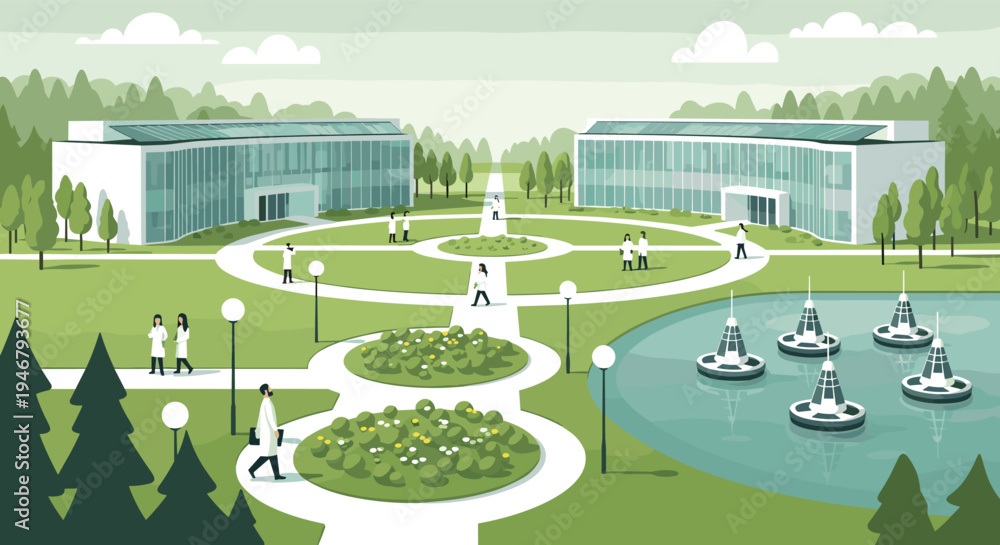 Naklejka premium Modern research facility with scientists in lab coats walking across a green campus featuring a pond with scientific equipment.