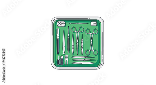 Medical Tools Arranged Neatly Inside a Green Tray with Clear White Background