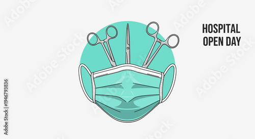 Medical Theme Illustration Depicting Surgical Tools and Mask for Hospital Open Day Announcement