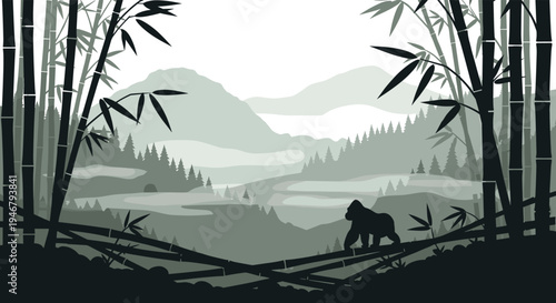 A gorilla silhouette traverses a dense, misty bamboo forest with layered mountains visible in the atmospheric grey-scale background.