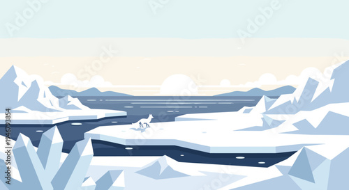 An arctic fox stands alone on an ice floe in a vast, frozen polar landscape with icebergs and a low sun on the horizon.