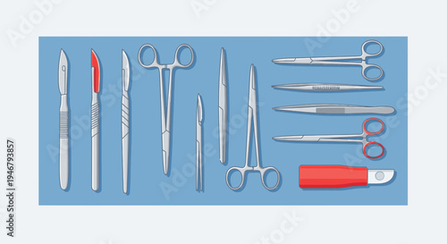 Medical Tools Arranged Neatly On A Blue Surface, Ready For Use In Surgery