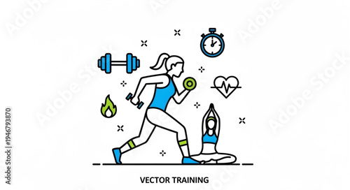 Woman exercising with dumbbells and yoga pose vector illustration.