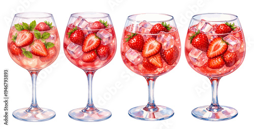 A watercolor collection of strawberry cocktails in glasses for summer drink menus, cocktail bar designs, party invitations, and beverage illustrations.