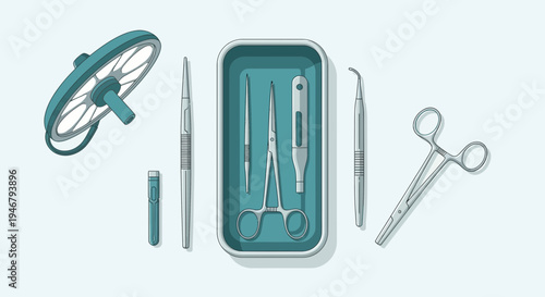 Medical Tools Arranged Neatly With Surgical Lamp for Healthcare Illustrations