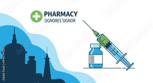 Medical Vaccination Concept With A Syringe, Vaccine Bottle, And Pharmacy Emblem