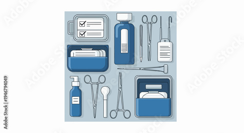 Medical Tools and Equipment Arrangement: Surgical Instruments and Supply Illustration