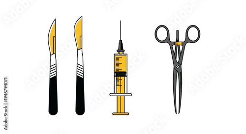 Medical Tools Illustration: Surgical Instruments Depicted on a Clean White Background