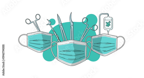 Medical Tools and Face Masks Representing Surgical Equipment and Protective Measures