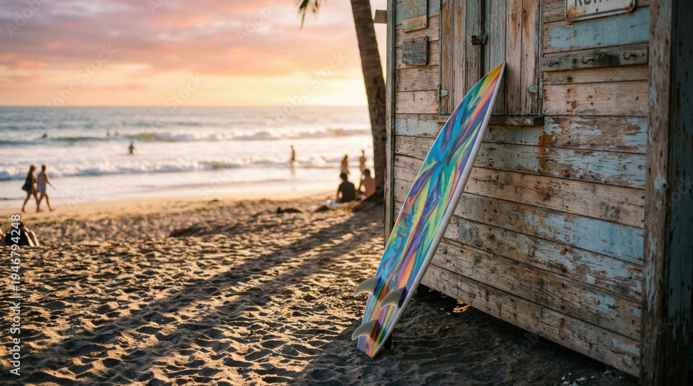 Fototapeta premium Surfboard leaning on beach shack at sunset