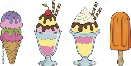 Colorful ice cream dessert collection illustration featuring waffle cone scoops, sundae glasses with cherry and wafers, whipped cream topping, and orange popsicle isolated vector set