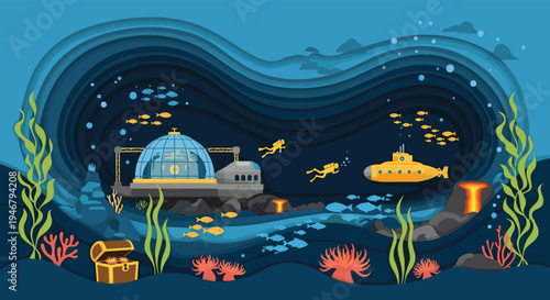 A vibrant pixel art illustration shows a yellow submarine and scuba divers exploring a futuristic underwater research facility near a sunken treasure chest.