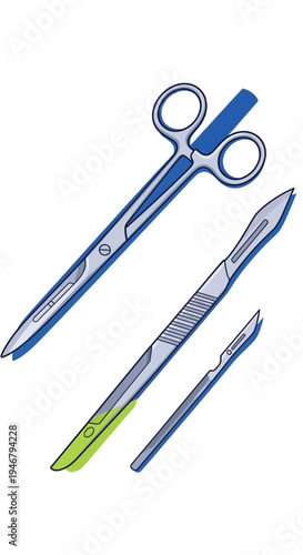 Medical Tools: Surgical Scissors, Scalpel, and Blades Illustrated on White Background for Healthcare