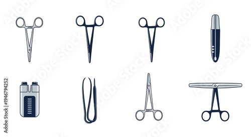 Medical Tools, Surgical Instruments, And Precision Devices Displayed On A White Background