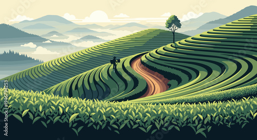 A serene pixel art landscape depicts a farmer walking through rolling green tea terraces on a mountainside under a soft, hazy sky.