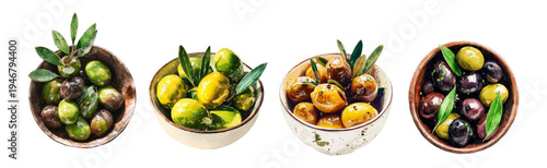 Olives in bowls showing different varieties and preparations, with green and black olives, some seasoned, creating a culinary watercolor illustration