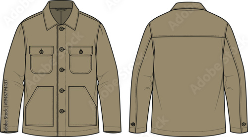 Khaki work jacket vector illustration, front and back view, classic utility coat design, fashion template, technical apparel drawing, isolated clothing mockup